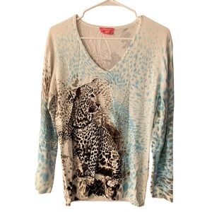 Momento Colorful Leopard Shirt Size L Coastal Grandma Jeweled Chains Mob Wife